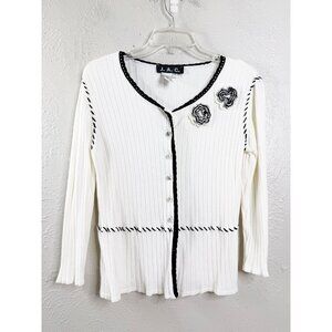 Vintage J.A.C. Medium Acrylic Button Cardigan Floral Detail White Black GUC